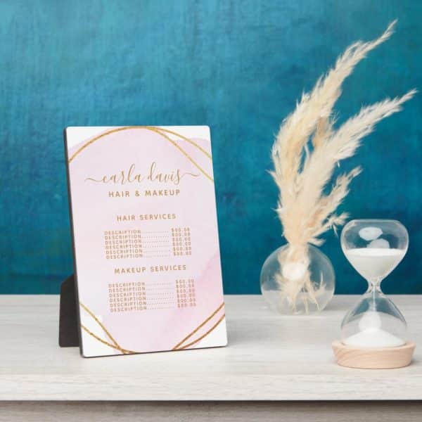 A Pink And Gold Salon Price List For Carla Davis Hair &Amp; Makeup.