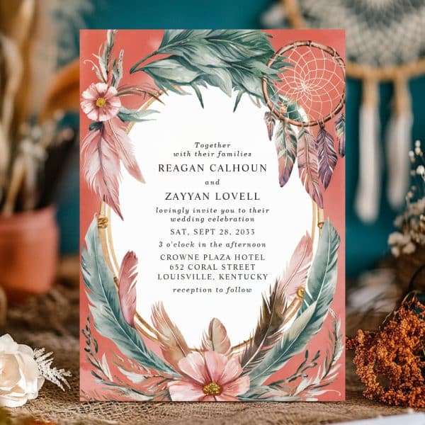 Wedding Invitation With Peach Background, Floral Design, And Dreamcatcher. The Names Reagan Calhoun And Zayyan Lovell Are Prominently Featured.