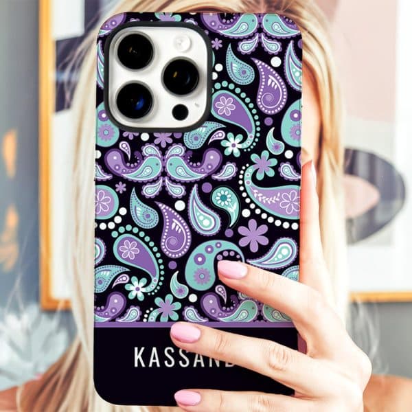 Phone Case With A Purple And Teal Paisley Pattern And The Name Kassand At The Bottom.