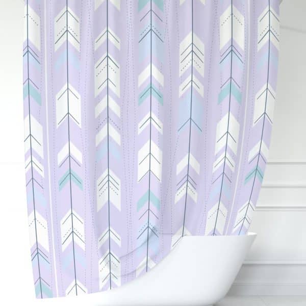 Lavender Shower Curtain With A Repeating Pattern Of Light-Colored Arrows.