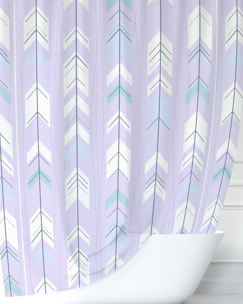 Lavender shower curtain with a repeating pattern of light-colored arrows.