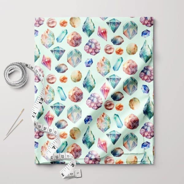 Watercolor Fabric With A Repeating Pattern Of Colorful Gemstones.