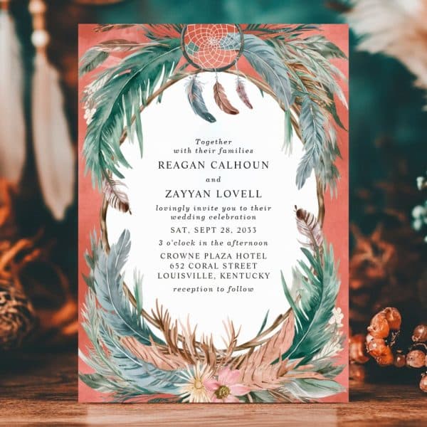 Wedding Invitation With A Coral Background And Watercolor Floral And Feather Design.