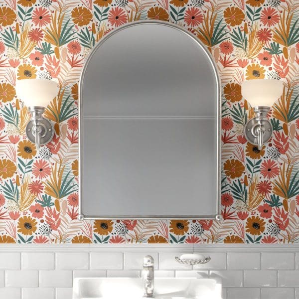 Arch-Shaped Mirror In A Bathroom With Floral Wallpaper.