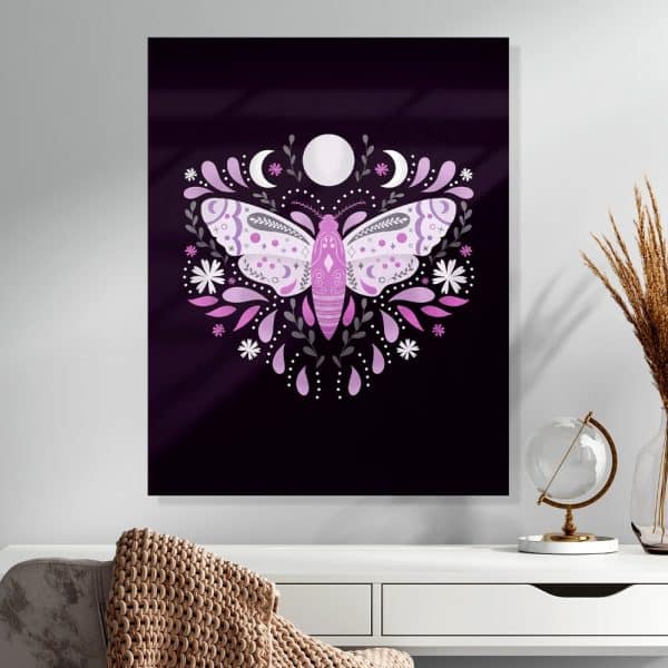 Purple And Gray Patterned Moth Centered On A Dark Background, Surrounded By Floral Elements And Moons.