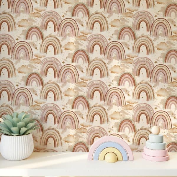Cream-Colored Wallpaper Featuring A Repeating Pattern Of Pastel Rainbows And Clouds.