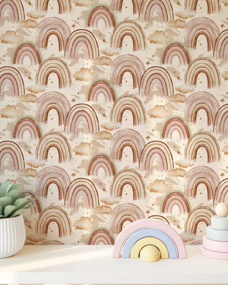 Cream-colored wallpaper featuring a repeating pattern of pastel rainbows and clouds.