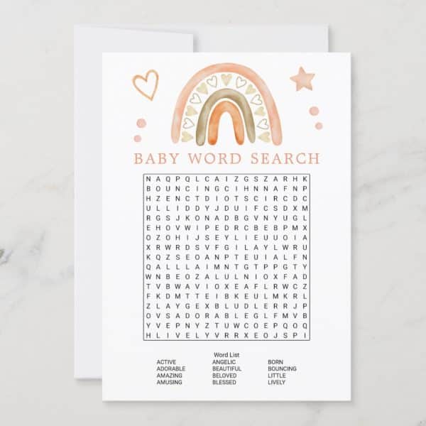Baby Word Search Puzzle Featuring A Watercolor Rainbow Design.