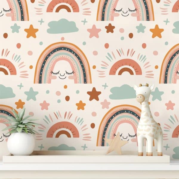 A Shelf Displays A Wooden Giraffe Toy In Front Of A Wall Featuring A Pastel Rainbow Pattern.