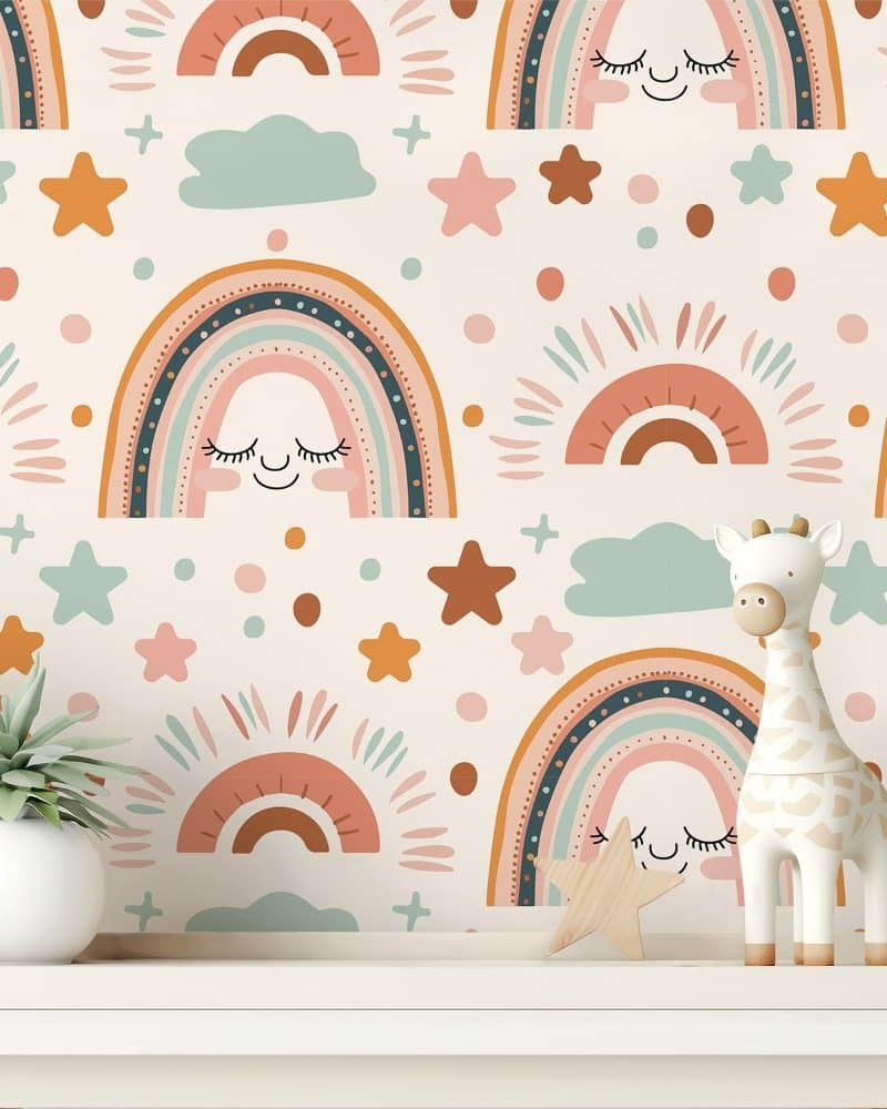 A shelf displays a wooden giraffe toy in front of a wall featuring a pastel rainbow pattern.