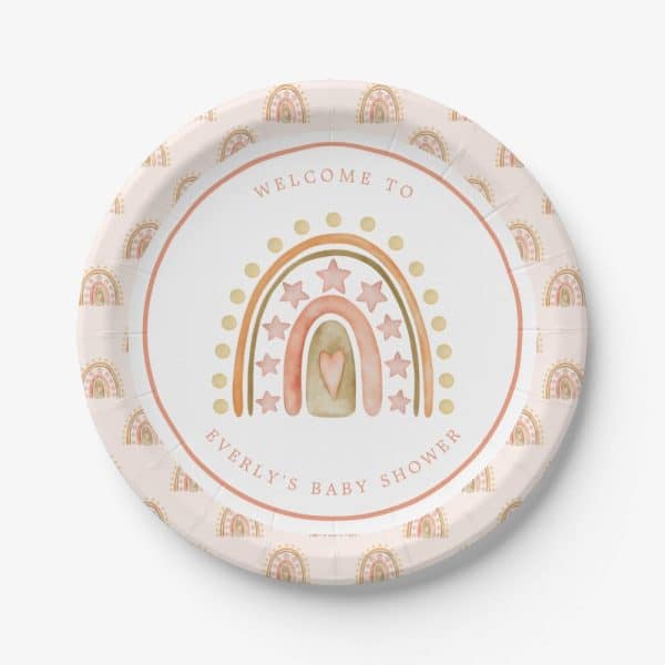 A Round Paper Plate For Everly'S Baby Shower. The Plate Features A Watercolor Rainbow With Stars And A Heart In The Center.