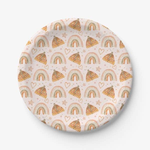 Paper Plate With A Repeating Pattern Of Butterflies And Rainbows In Muted Orange And Green Tones.