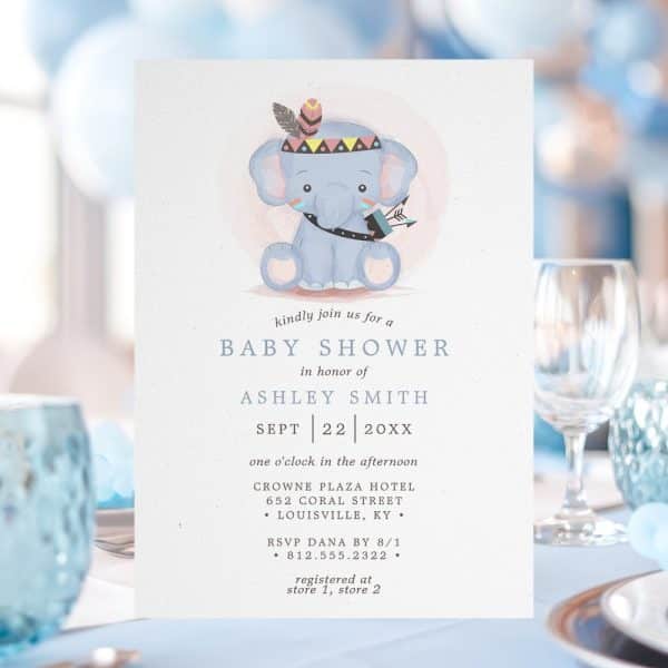 Baby Shower Invitation Featuring A Cute Cartoon Elephant Wearing A Headdress.