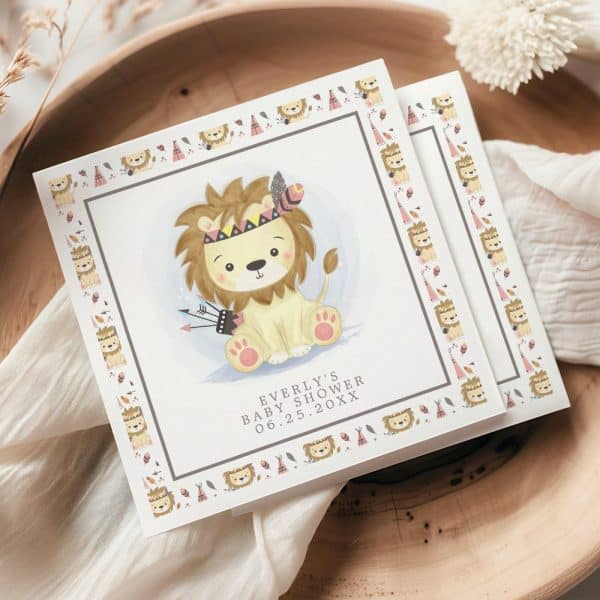 Baby Shower Invitation Featuring A Cute Cartoon Lion Wearing A Headdress.