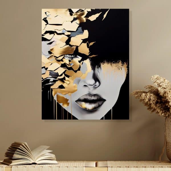 Abstract Painting Of A Woman'S Face, Partially Covered In Gold Leaf.