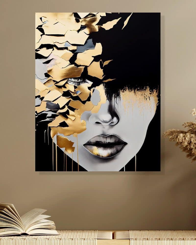 Abstract painting of a woman's face, partially covered in gold leaf.
