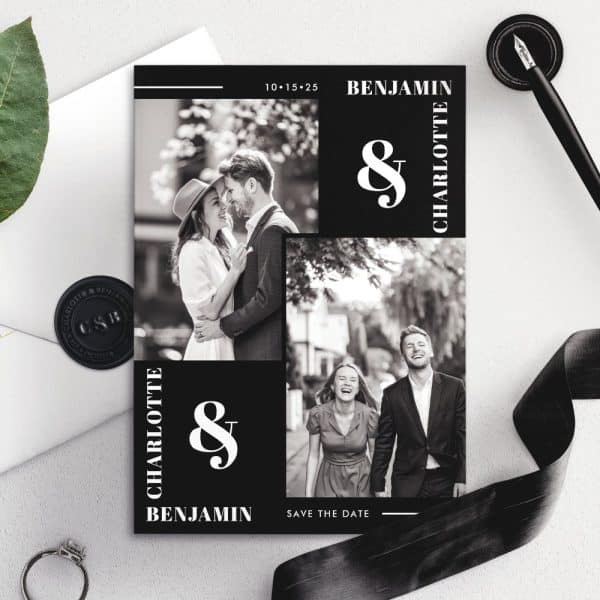 Black And White Save The Date Featuring Two Photos Of A Happy Couple, One Posed And One Candid, With Their Names And Date.