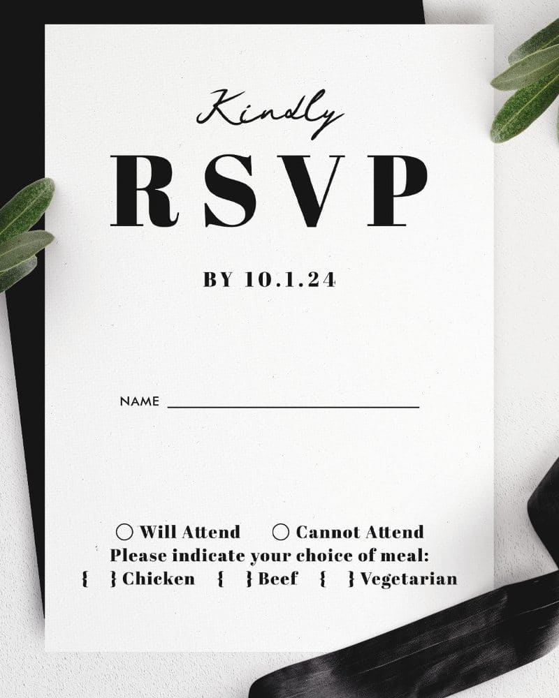 Black and white RSVP card with a request to respond by October 1st, 2024, and meal choices listed.