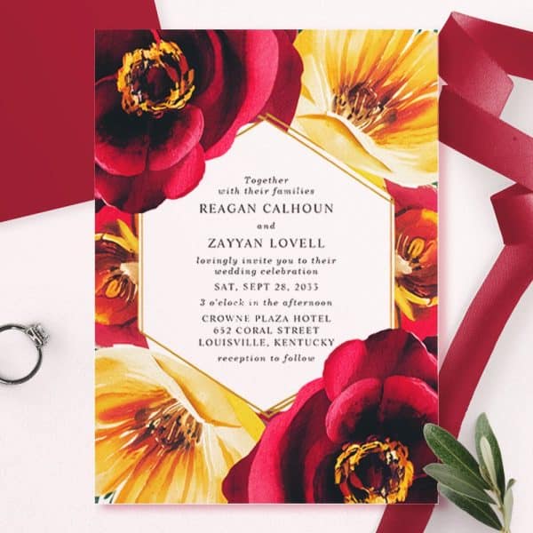Wedding Invitation With Red And Yellow Floral Design.
