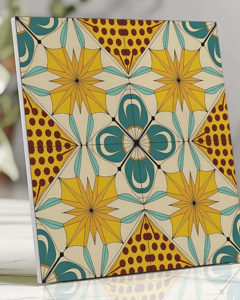 Square tile with a repeating geometric floral pattern in yellow, teal, and brown.