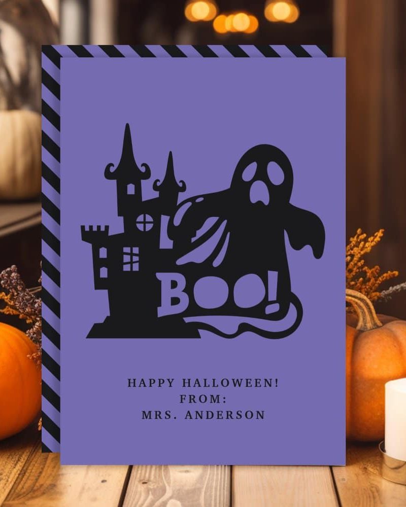 Purple Halloween card with a black ghost and haunted house illustration, text reading Boo!, and a Happy Halloween greeting from Mrs. Anderson.