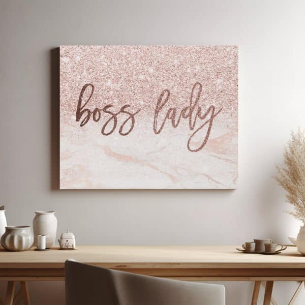 Rose Gold Glitter And Marble Canvas Print With The Words Boss Lady.
