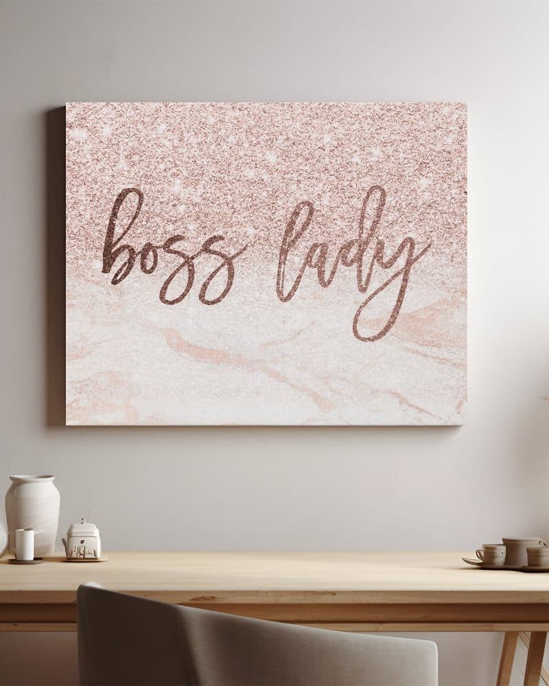 Rose gold glitter and marble canvas print with the words Boss Lady.