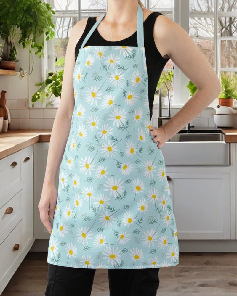 A light blue apron with a daisy print.