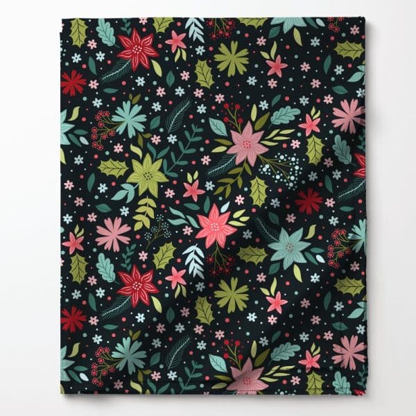Dark Fabric With A Repeating Pattern Of Colorful Flowers And Leaves.
