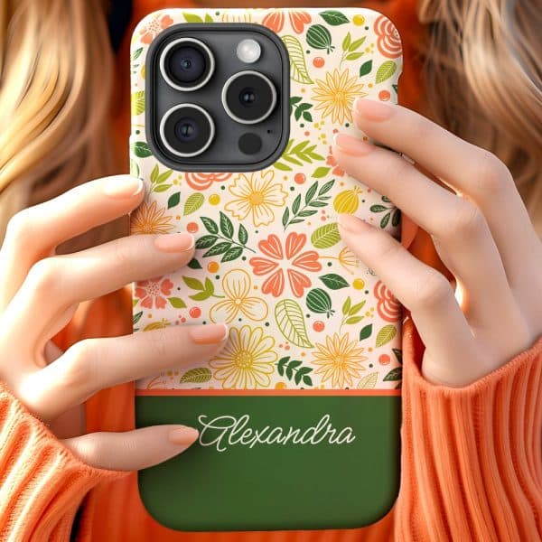 Two Hands Hold A Phone Case With A Floral Design And The Name Alexandra.