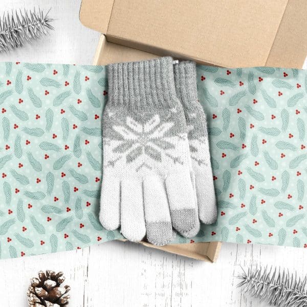 Pair Of Grey And White Knit Gloves With Snowflake Pattern, In A Gift Box.