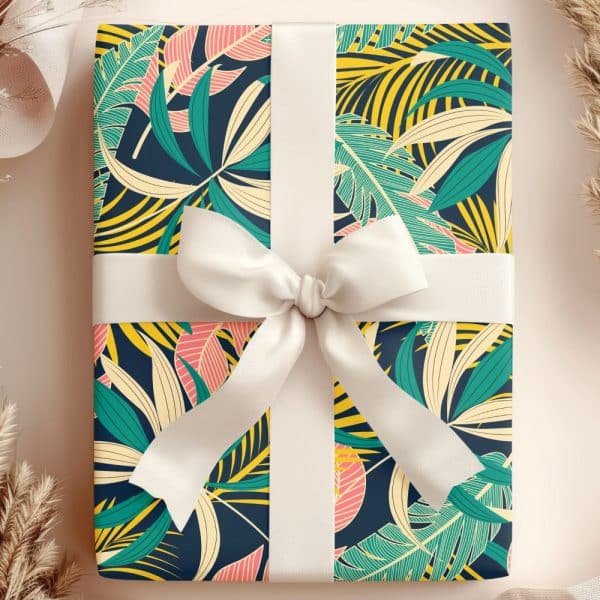 Gift Box With Tropical Leaf Pattern And White Ribbon.
