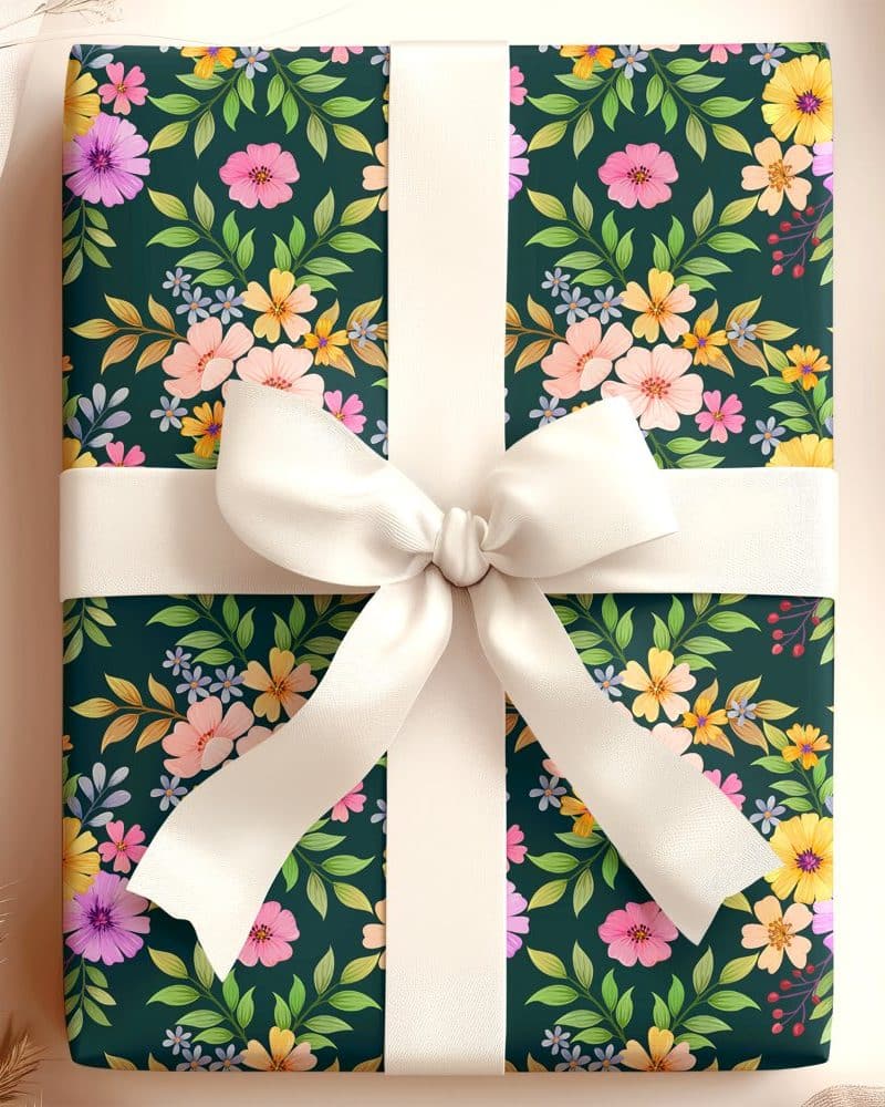 A gift box with a floral pattern and a cream-colored ribbon.