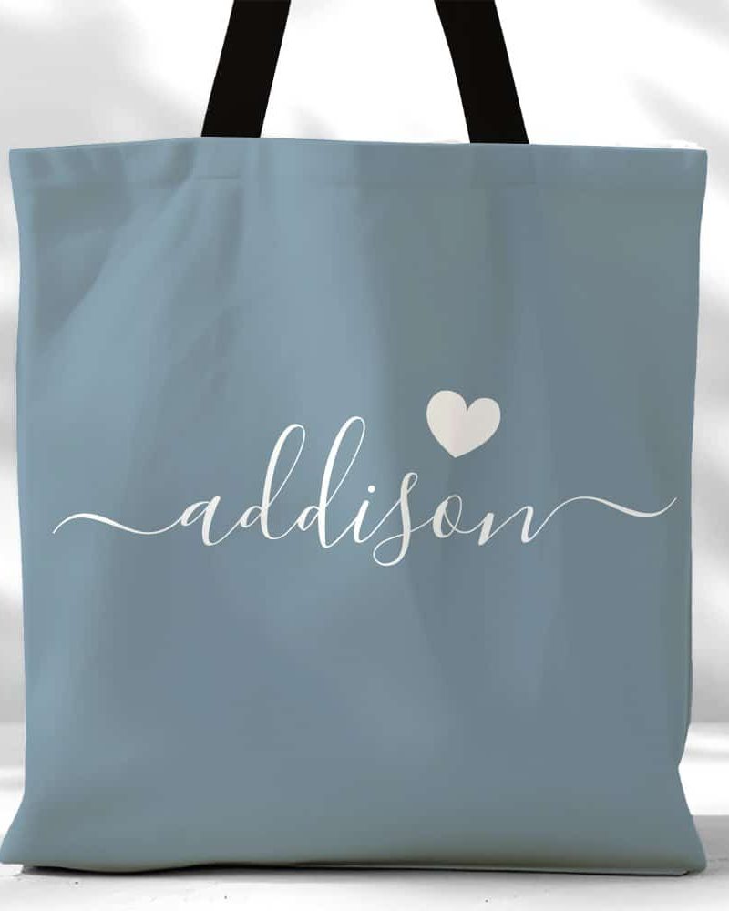 Bridesmaid Modern Script Heart Dusty Blue Tote Bag