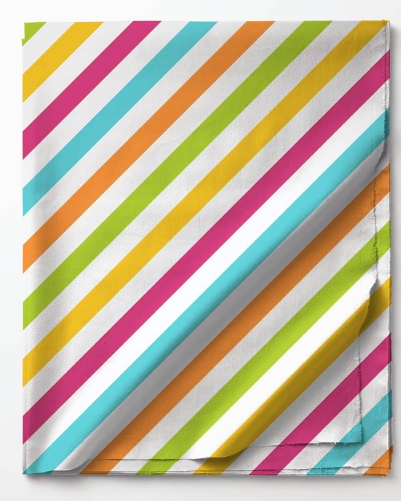 Brightly colored diagonal stripes on a folded fabric square.