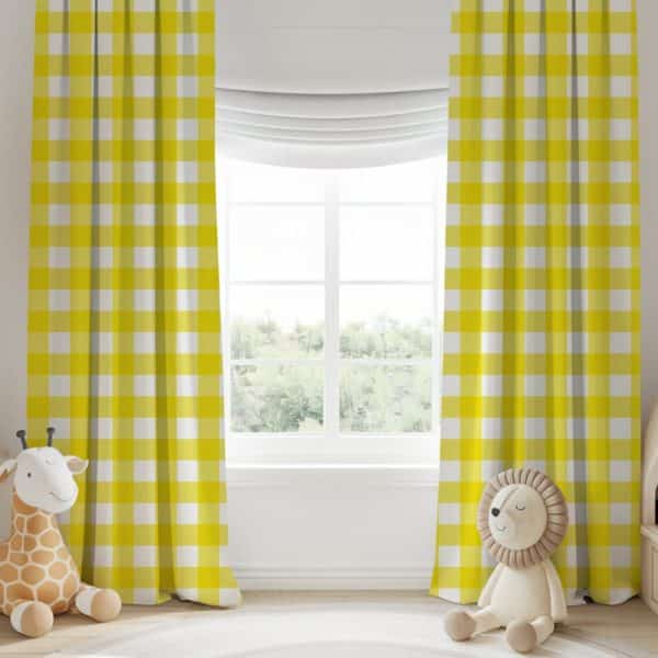 Yellow And White Gingham Curtains Hanging In A Window.