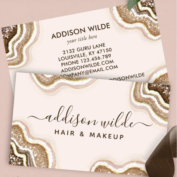 Business Card For Addison Wilde, Hair And Makeup Artist, Featuring An Agate Design.