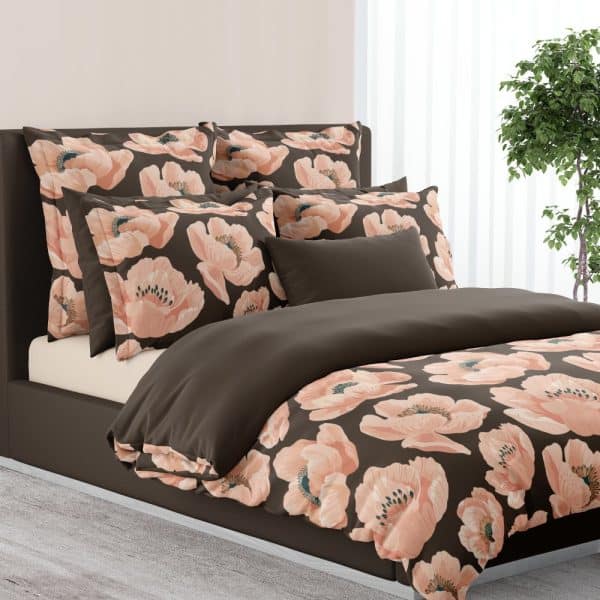 Dark Brown Duvet Cover And Pillowcases With A Pattern Of Peach-Colored Poppies.