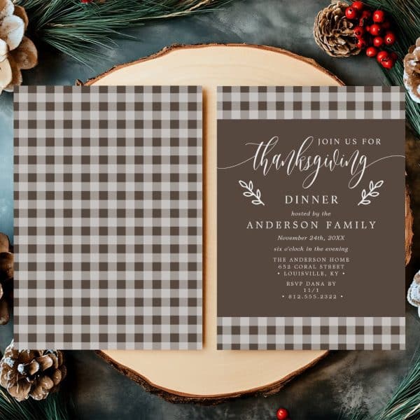 Thanksgiving Dinner Invitation With Brown And Beige Gingham Border.