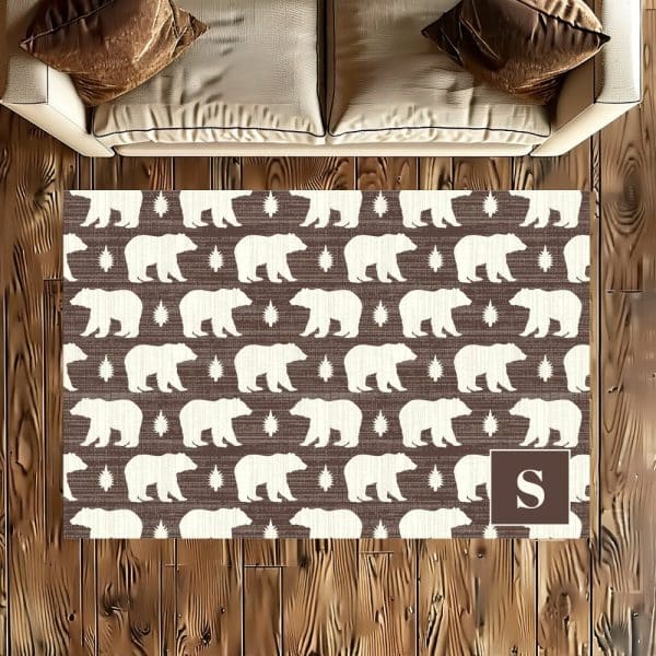 Brown Area Rug With A Repeating Pattern Of White Bears And Stars; A Monogrammed S Is In The Bottom Right Corner.