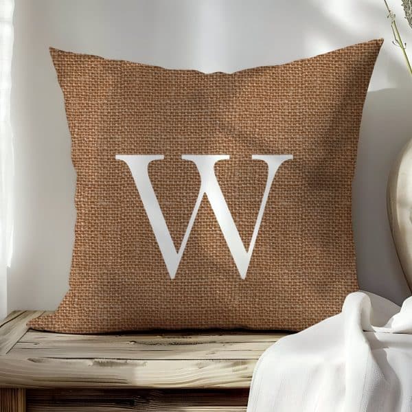 Brown Burlap Pillow With A White Letter W.