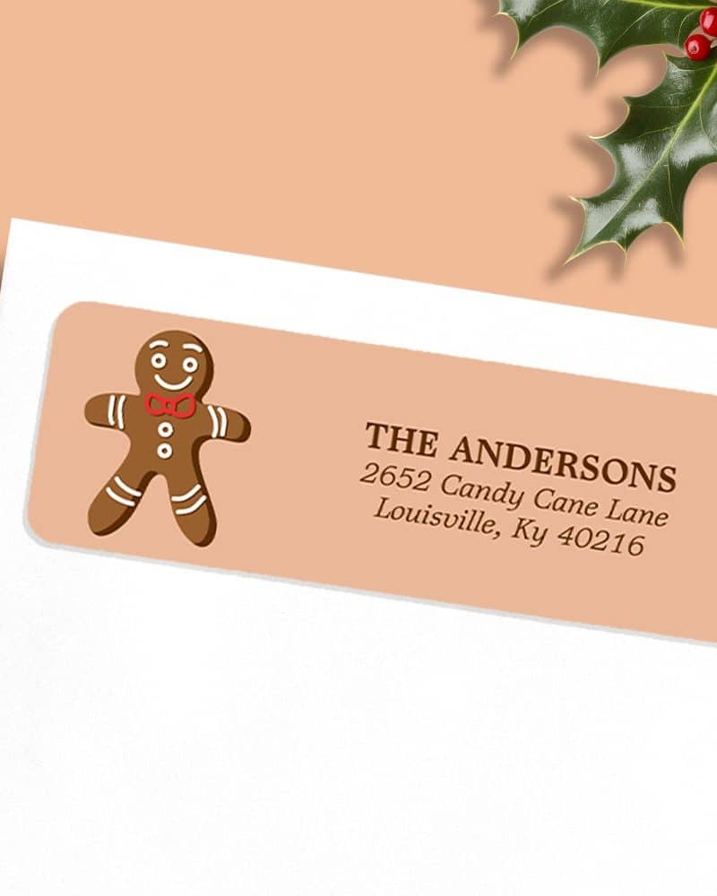 A tan return address label features a gingerbread man and the Andersons' address.