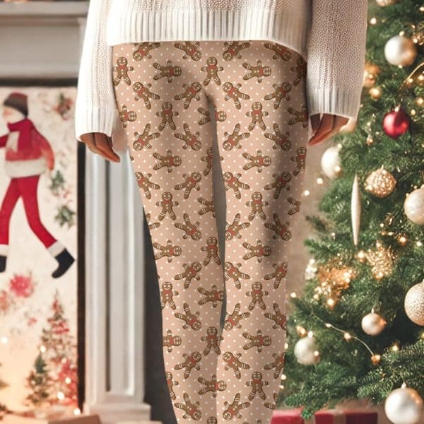 Beige Leggings With A Repeating Pattern Of Gingerbread Men And White Polka Dots.