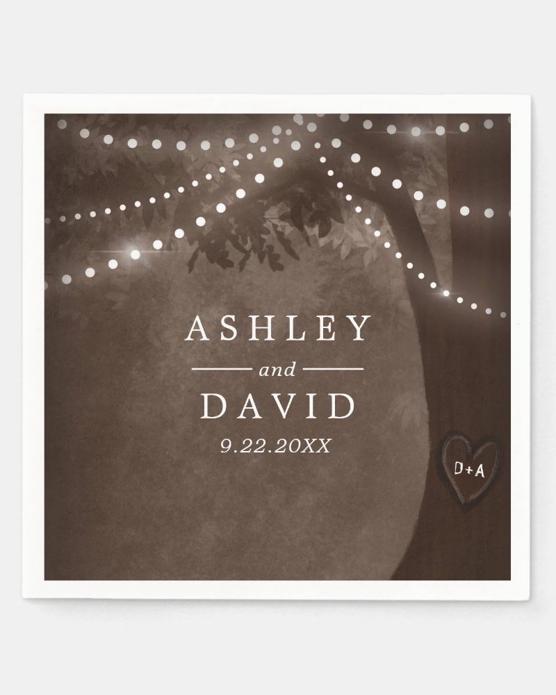 Brown Rustic Tree Initials String Lights Wedding Napkins