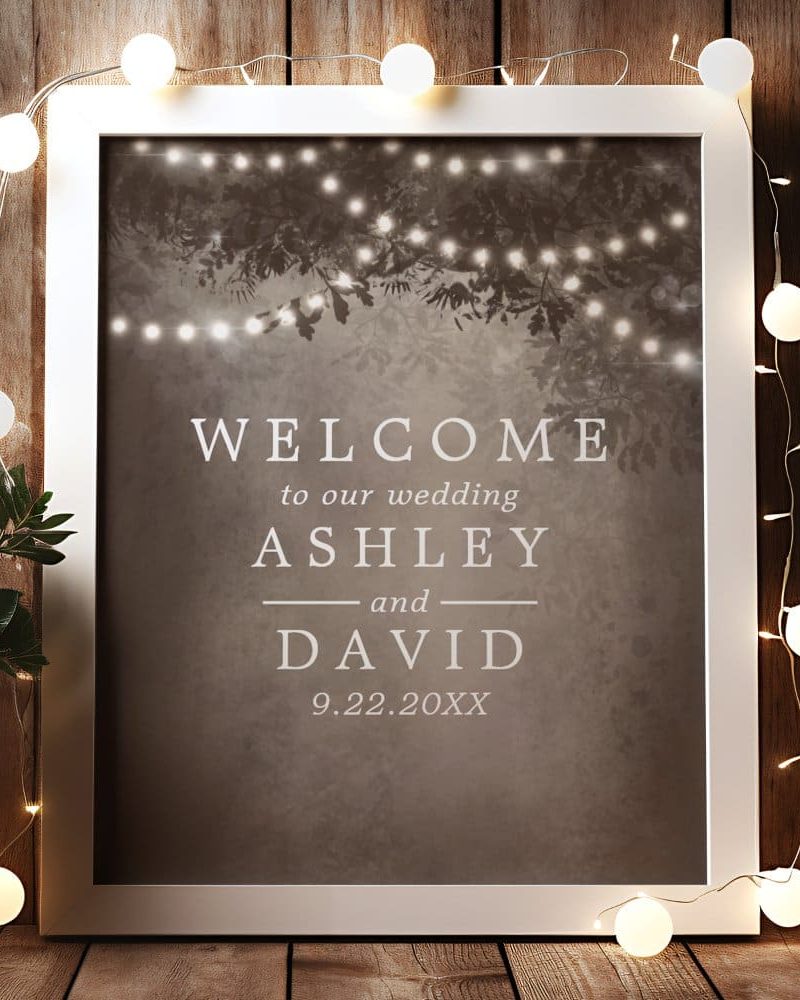 Brown Rustic Tree Lights Wedding Welcome Sign