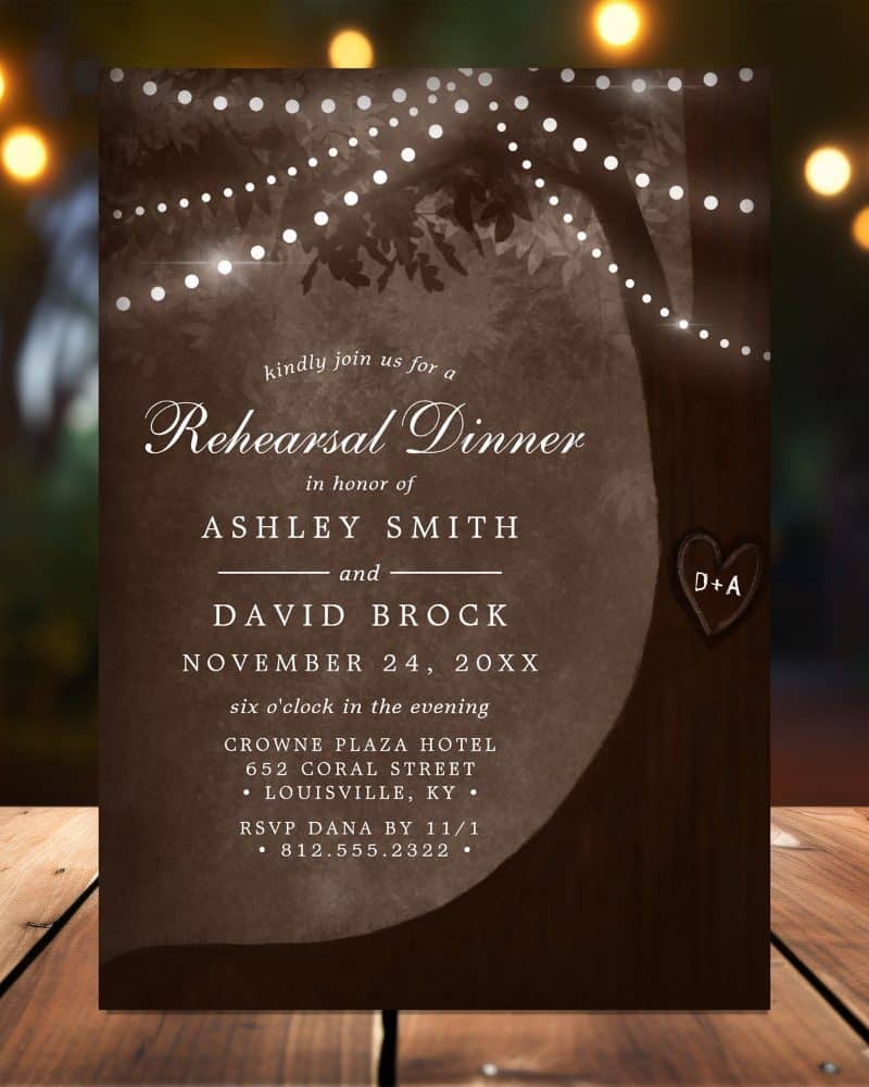 Rehearsal dinner invitation for Ashley Smith and David Brock, November 24th. Features a tree silhouette with string lights.