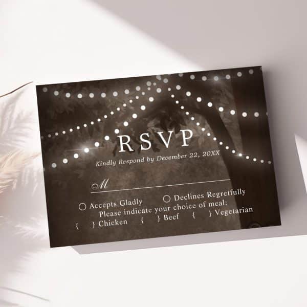 Sepia-Toned Rsvp Card With String Lights And Tree Silhouette; Indicates Acceptance Or Regrets By A Certain Date, And Meal Choices.
