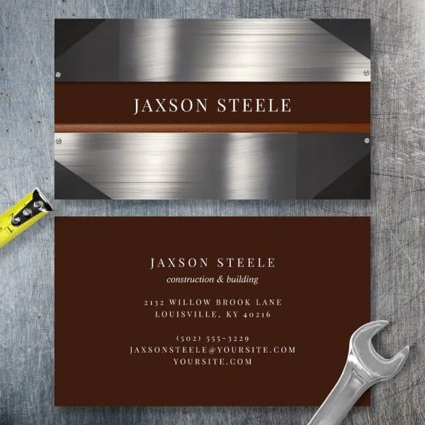 Business Card For Jaxson Steele, Construction And Building. The Card Features A Metallic Design.