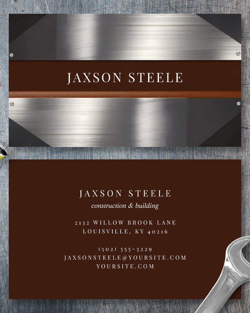 Business card for Jaxson Steele, construction and building. The card features a metallic design.