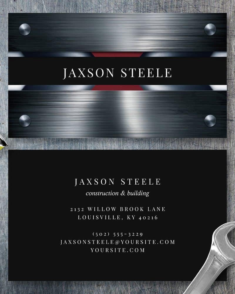 Jaxson Steele construction and building business card with metallic design.